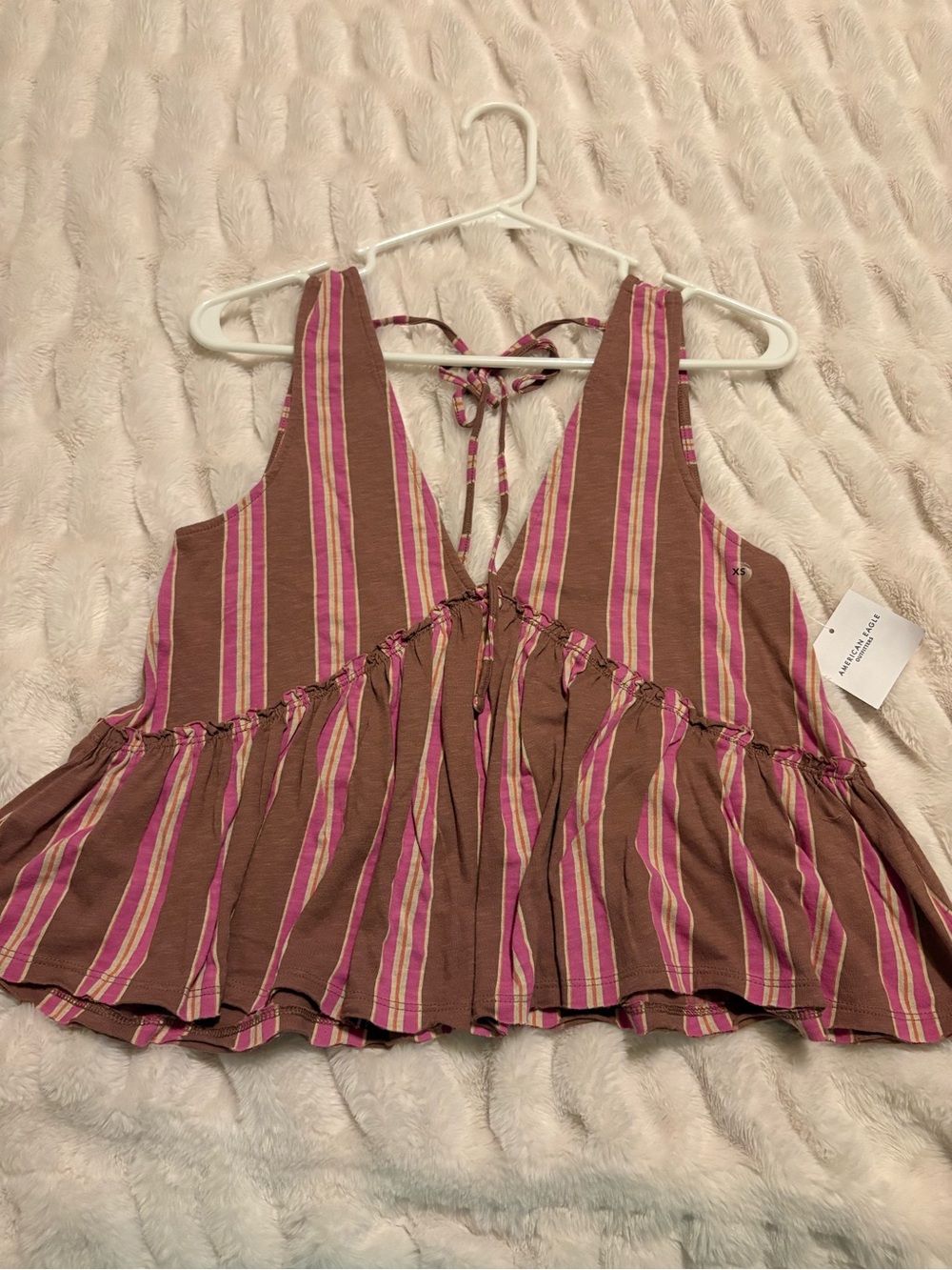 American Eagle Outfitters Pink and Brown Striped Tie-Back Peplum Crop Top